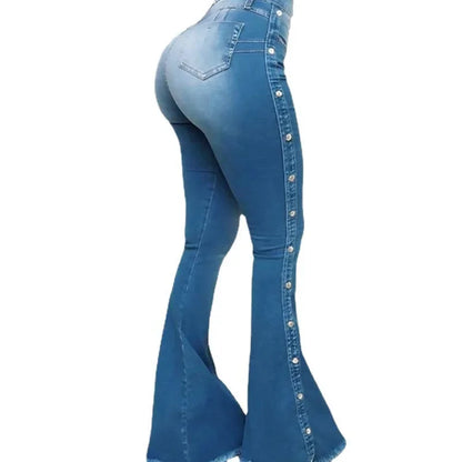 High Waist Stretch Flare Jeans - Vintage Button Front Floor Length Women's Denim Pants