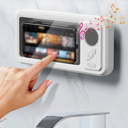 Waterproof Bathroom Phone Holder with Bluetooth Speaker – 360° Rotating Touch Screen Stand for Bath & Shower Entertainment