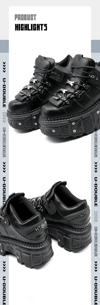 New Punk Style Lace-up Women’s Platform Boots with 6CM Heel, Gothic Rock Ankle Boots, Metal Decor Sneakers