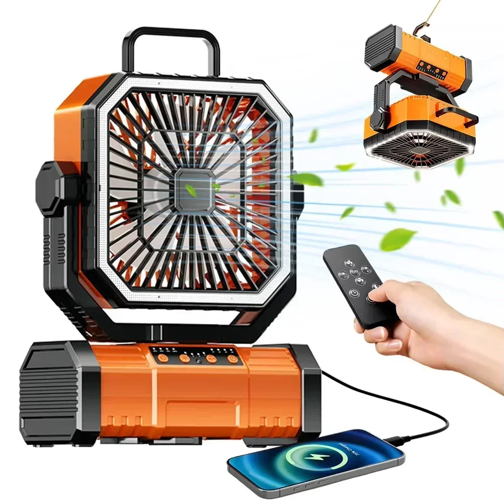 20000mAh Rechargeable Camping Fan - 360° Rotating Hanging Tent Fan with Hook for Outdoor, Fishing & Desk Use