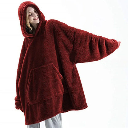 Women’s Winter Hooded Fleece Jacket – Thick, Warm, Solid Color Pullover with Pockets, Elegant Unisex Long Hoodie for Home Wear