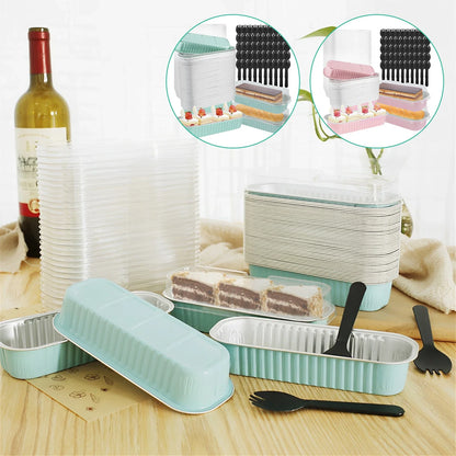 50Pcs Mini Cake Pans Set with Lids and Fork Spoons - 200ml Foil Rectangle Baking Cups, Aluminum Loaf Pans for Portable Bread
