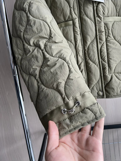2024 ETJ Quilted Women's Coat – Beige Drawstring High Neck Jacket with Ties & Pockets