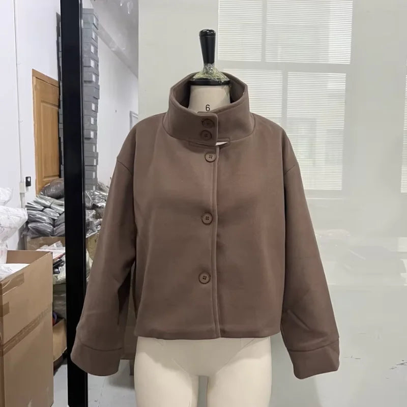 Women’s Short Woolen Coat - Stand Collar Loose Zipper Jacket for Spring Autumn Fashion Outerwear