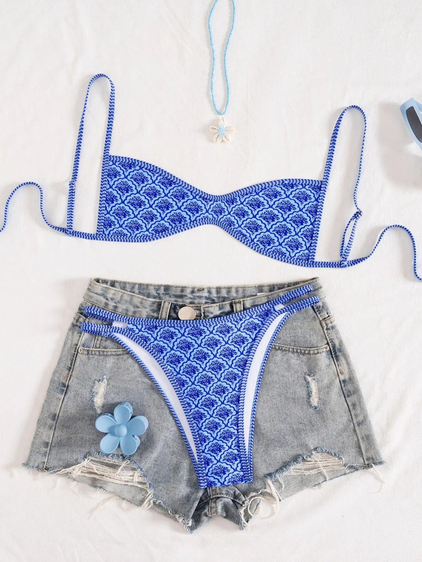 Circyy Fashion Print Bikini Set - Women's Halter Backless Split Swimsuit Summer Beachwear