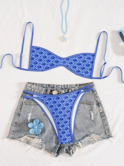 Circyy Fashion Print Bikini Set - Women's Halter Backless Split Swimsuit Summer Beachwear