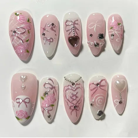 24Pcs French Press On Nails - Almond Fake Nail Tips with Glue, White Edge Design & Pink Stiletto Style Manicure Set