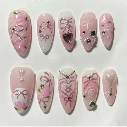 24Pcs French Press On Nails - Almond Fake Nail Tips with Glue, White Edge Design & Pink Stiletto Style Manicure Set