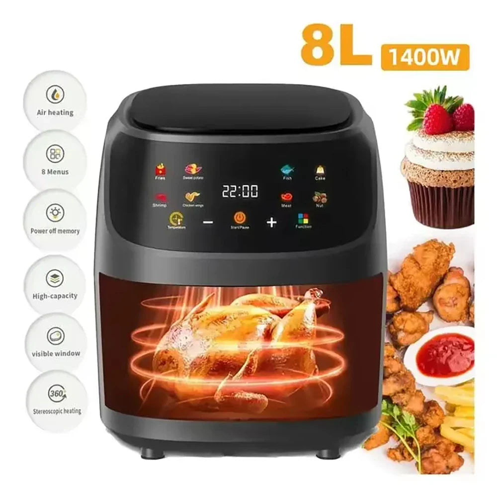 8L Smart Air Fryer with LCD Touchscreen – Large Capacity Nonstick Oil-Free Fryer for French Fries, Roast Chicken & Oven Cooking