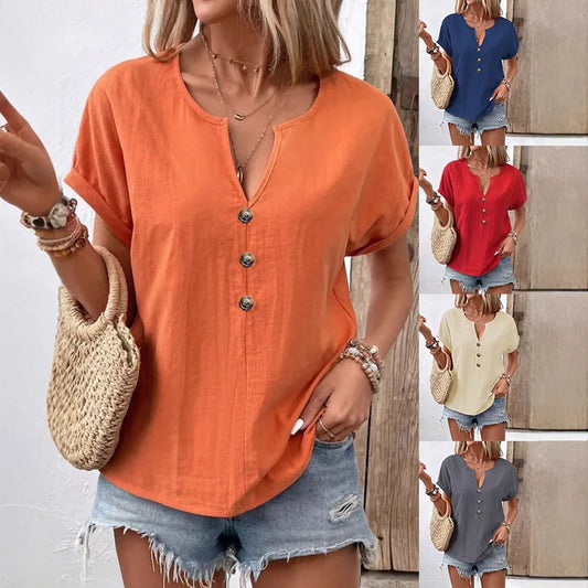 2025 Women’s V-Neck Blouse - Short Sleeve Button Casual Summer Loose Fit Solid Color Top