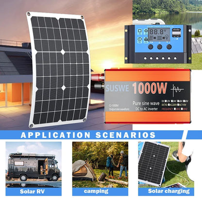 1000W Solar Power System Kit - 600W Solar Panel, 12V to AC 110V/220V Inverter & 100A Charge Controller