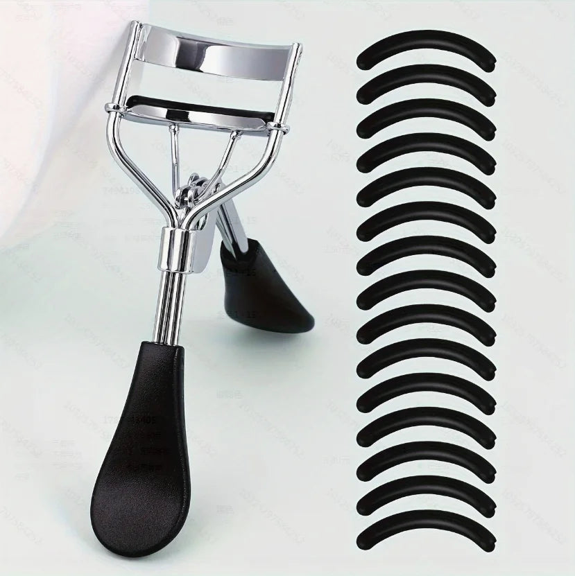 Portable Eyelash Curler - Stainless Steel Lash Curling Tool with 15 Silicone Pads