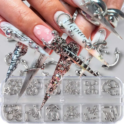 12-Grid Gothic Nail Charms - Silver Punk Metal Studs Rivets Y2K Grunge DIY Nail Art Decorations