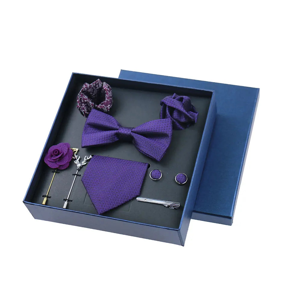 Men’s Luxury Silk Tie Set - 8cm Wedding Necktie with Bowtie, Pocket Square, Cufflinks & Floral Gift Box Accessories