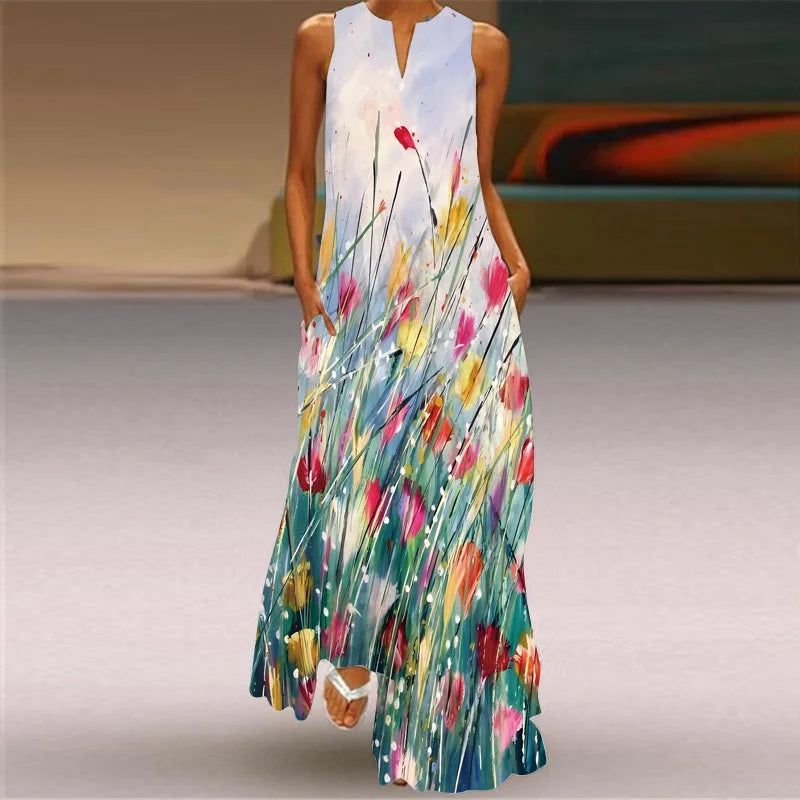 Vintage Boho Maxi Dress - Women's Summer V Neck Sleeveless Long Sundress with Pockets