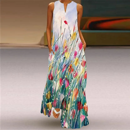 Vintage Boho Maxi Dress - Women's Summer V Neck Sleeveless Long Sundress with Pockets