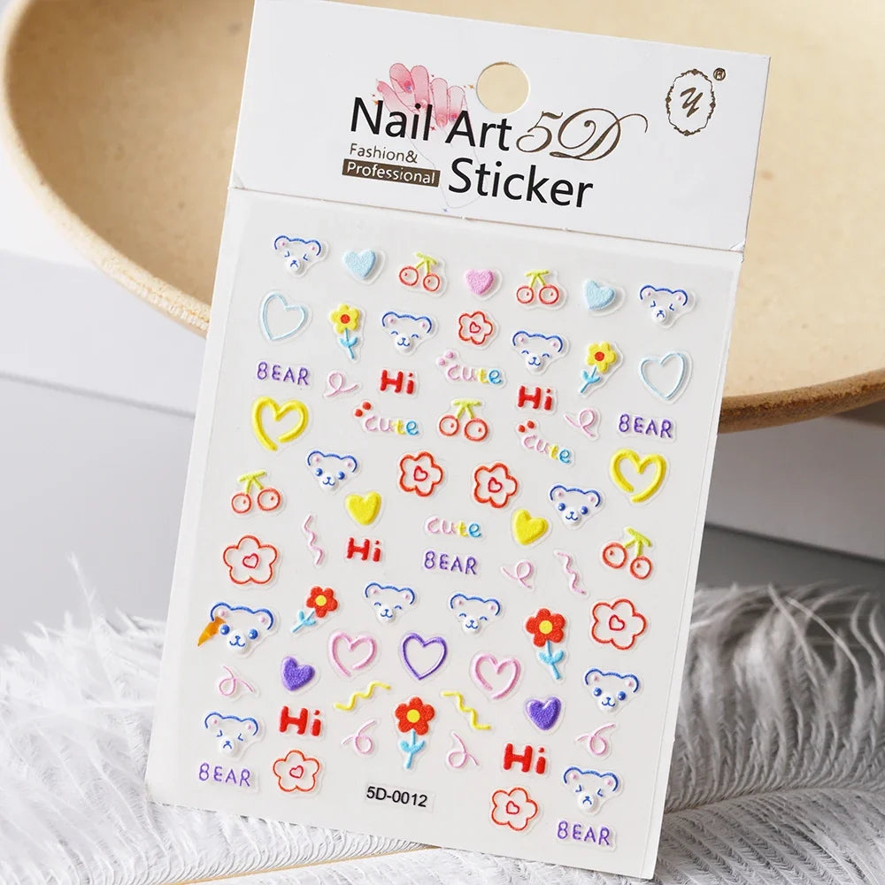 5D Macaron Nail Stickers - Embossed Flower, Fruit, Bear & Rabbit Charms for Summer DIY Manicure Decoration