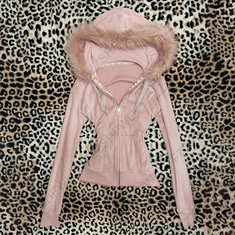 Y2K Harajuku Women's Fur Collar Hoodie – Slim Chic Solid Color Cardigan Sweatshirt, Goth Punk Streetwear