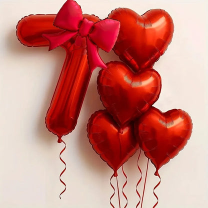 Red Heart Foil Balloons Set - 6PCS Birthday Wedding Anniversary Decoration with 32 Inch Numbers & Tassel Bows