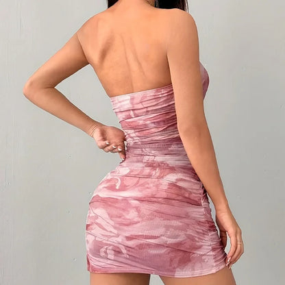 Women’s Y2K Print Mini Dress - Spaghetti Strap Off Shoulder Sleeveless Summer Party Dress