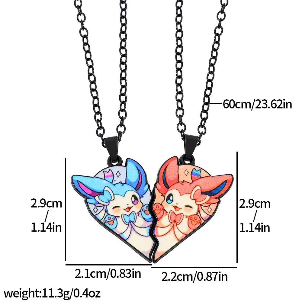 Eevee Pendant Necklace - 2-Piece Cute Cartoon Heart Patchwork Anime-Style Metal Jewelry Set