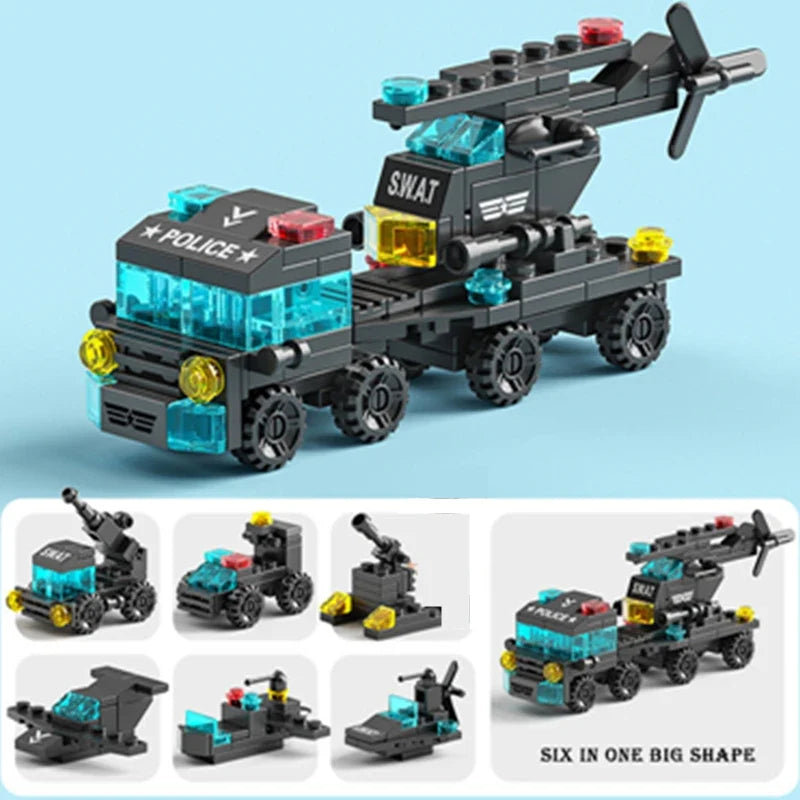 6-in-1 Police Vehicle Building Blocks Set - Tow Truck, Airplane & Mini Loader City Toy