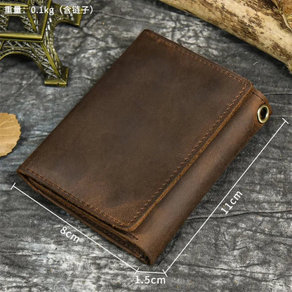 Men’s Genuine Leather Short Wallet with Chain – Trifold Zipper Clutch, Card Holder & Coin Purse