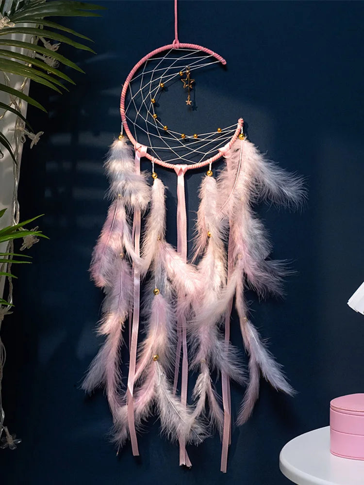 Hand-Woven Moon Dream Catcher Feather Wind Chimes - Bedroom Wall Hanging Ornaments for Home Decoration, Birthday and Festival Gifts, Crafted with Love