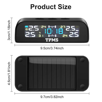 Solar Car TPMS Tire Pressure Monitoring System – 4 External Sensors with Temperature Alarm for Tyre Safety