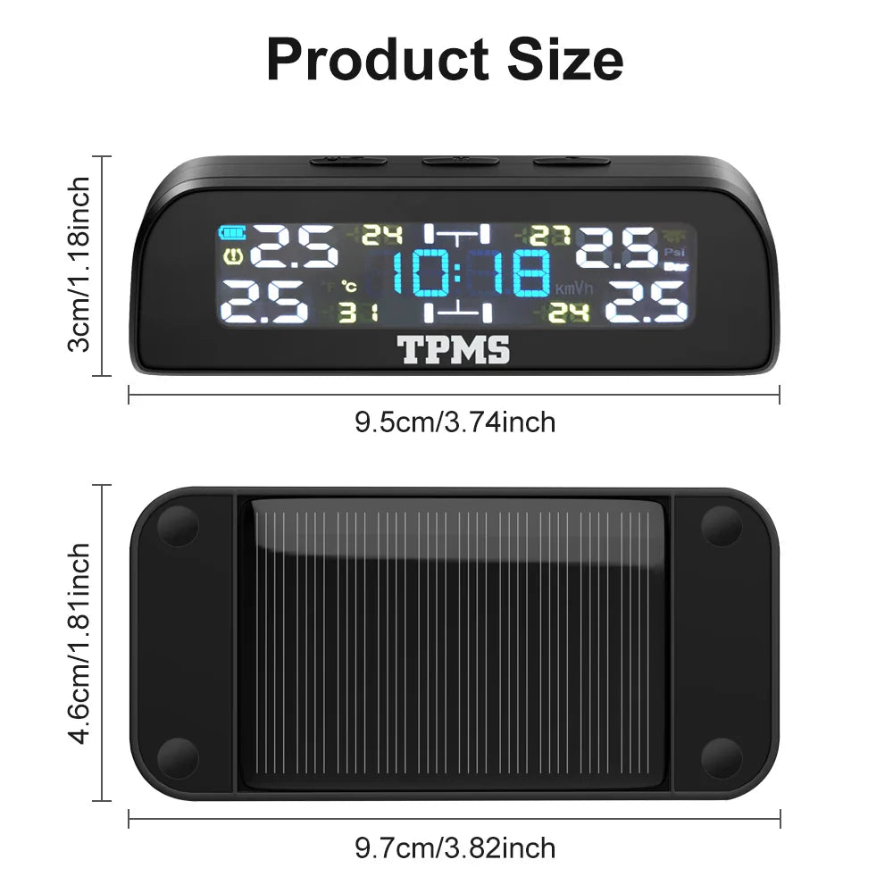 Solar Car TPMS Tire Pressure Monitoring System – External Sensors for 4 Wheels Tyre Pressure Detection