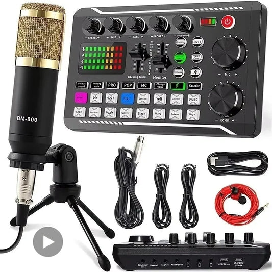 Professional Wireless Microphone Sound Card - Bluetooth Voice Changer Mixer with USB Condenser Mic for PC Live Streaming & Recording