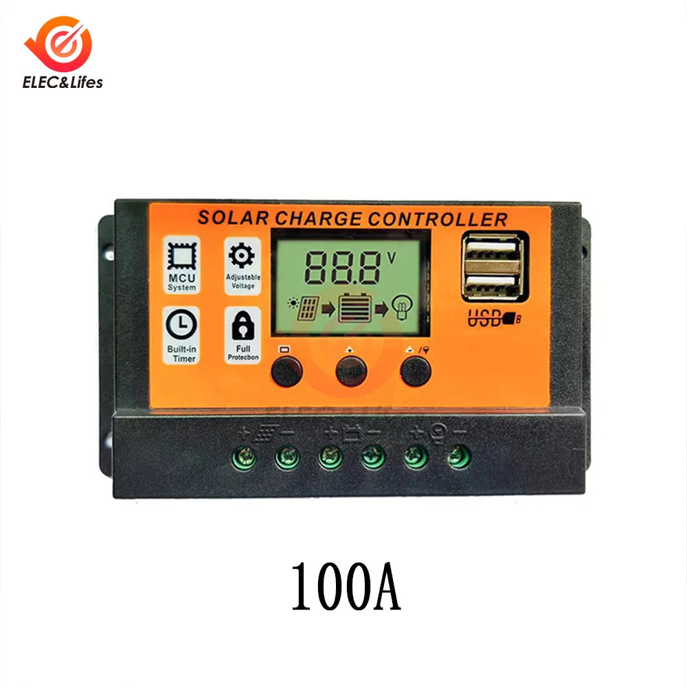 100A Solar Charge Controller - 12V/24V Adjustable LCD Display Solar Panel Battery Regulator with USB Port