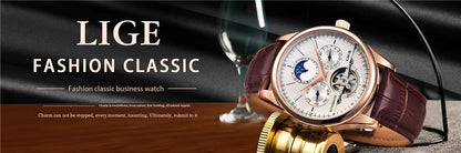 LIGE Men's Automatic Mechanical Tourbillon Watch - Waterproof Genuine Leather Military Wristwatch