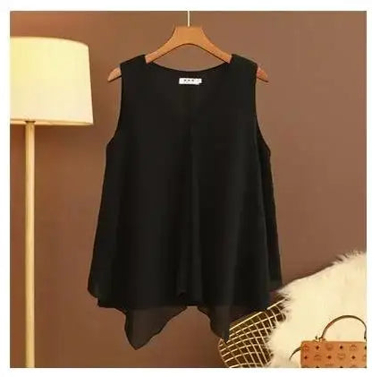 Women's Chiffon V Neck Blouse - Loose Sleeveless Plus Size Fashion Top M-5XL