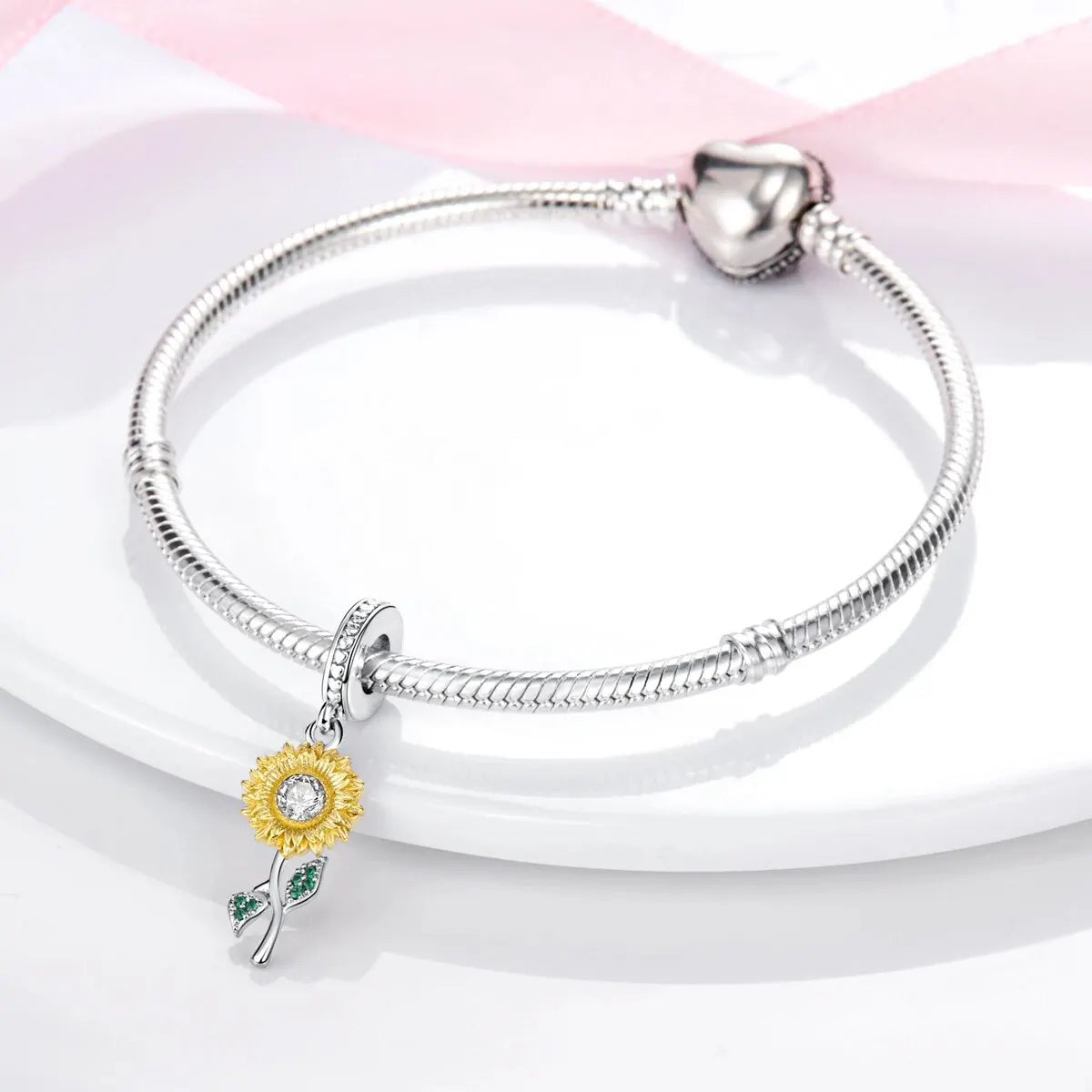 MULA Silver-Plated Sunflower & Four-Leaf Clover Dangle Charms - DIY 3MM Snake Chain Bracelet