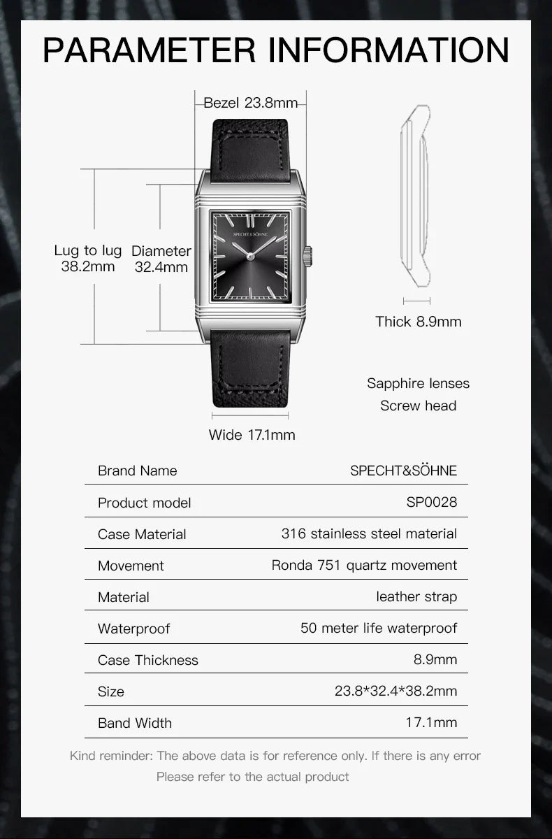 2025 Specht & Söhne Men’s Quartz Watch — 24MM 316L Stainless Steel, Sapphire Crystal, Waterproof Wristwatch