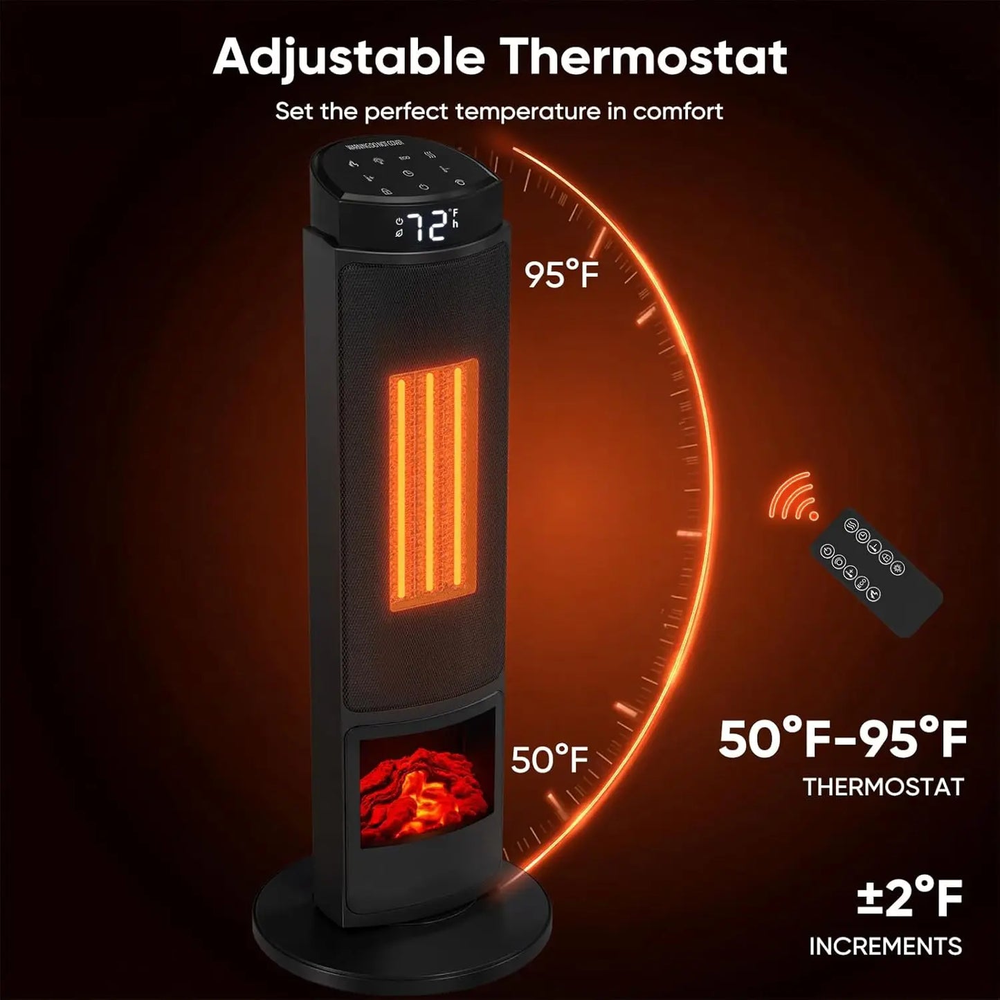 23-Inch Portable Space Heater – Remote Control, Thermostat, 7 Light Modes, 70° Oscillation, 12H Timer & Tip-Over Safety, Black