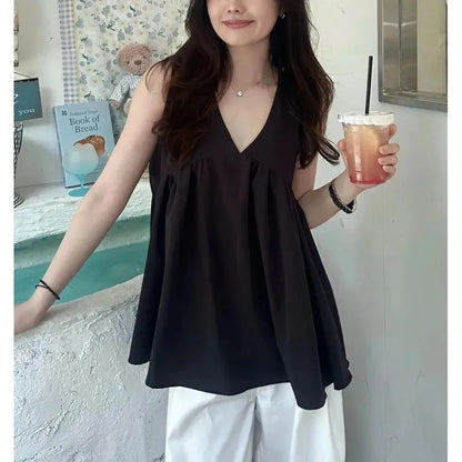 Plus Size V Neck Pleated Tank Top - Loose Casual Sleeveless Women's Fashion Blouse