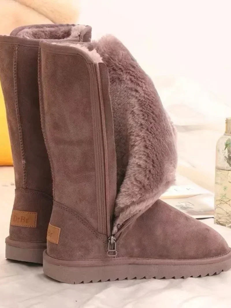 Women’s Classic Winter Snow Boots 2024 – Waterproof Leather Fur Knee-High Boots with Velvet Lining