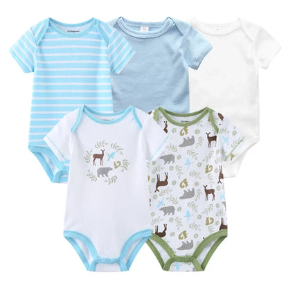5PCS Newborn Baby Bodysuit Set - Soft Cotton Unisex Baby Clothes with Cartoon Print for Boys & Girls