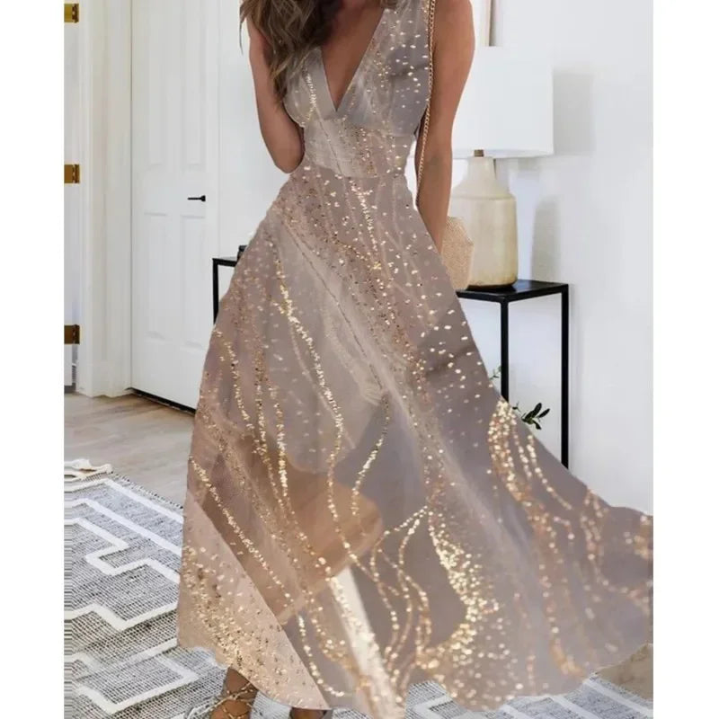 Women's Summer V Neck Maxi Dress - Sleeveless High Waist Elegant Print Dress for Office & Holiday Wear