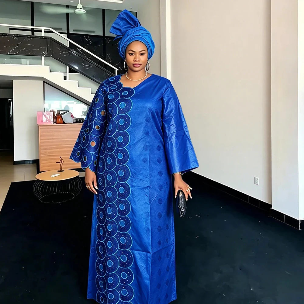 Plus Size African Dashiki Dresses - 2026 Ankara Embroidery Bazin Riche Wedding & Party Dress with Headscarf