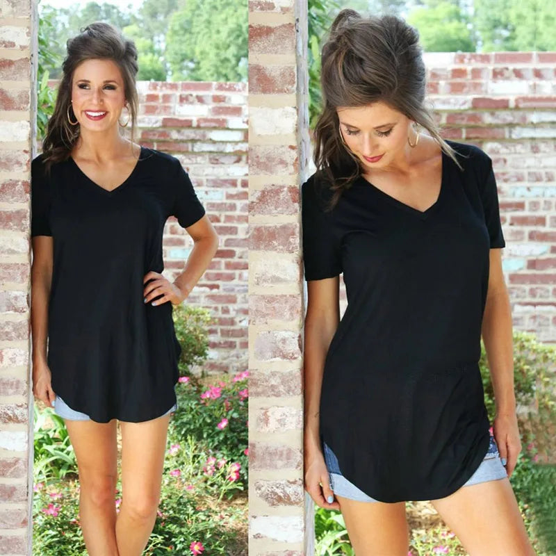 Women’s Summer V-Neck Blouse – Short Sleeve Loose Solid Color T-Shirt with Curved Hem