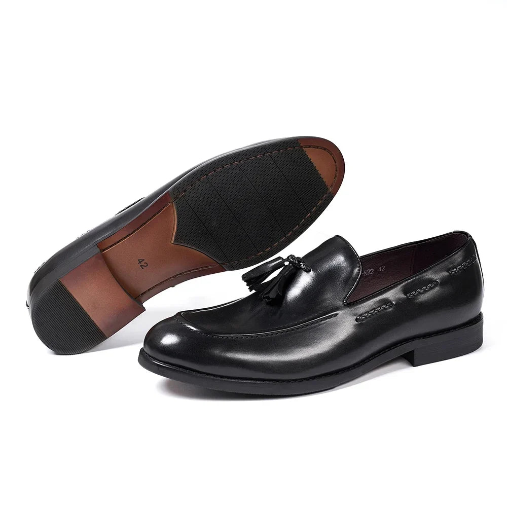 Men’s Genuine Leather Tassel Loafers - Handmade Slip-On Casual Dress Shoes for Office Wedding and Daily Wear