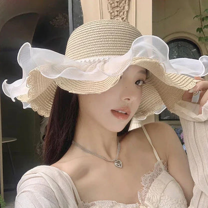 Funny Women’s Lace Straw Hat – Wide Brim Floppy Beach Sun Hat with Solid Fringe, Summer Outdoor Cap