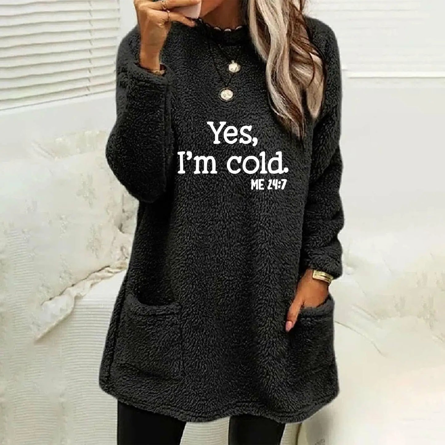 Women's Oversized Fleece Sweatshirt - Letter Print Pocket Long Sleeve Cozy Pullover