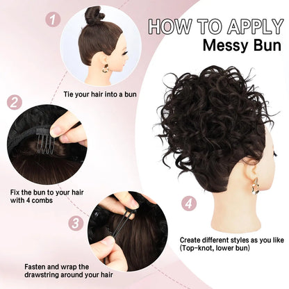 Loose Wave Curly Hair Bun Extension - Synthetic Messy Bun Hair Piece 60g - Elastic Drawstring for Women, Dark Brown