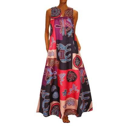 Women’s Retro V-Neck Summer Dress - Sleeveless Printed Maxi Swing Skirt with Loose Comfortable Fit