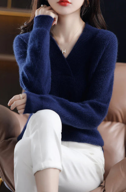Women’s Knitted V-Neck Sweater – Long Sleeve Solid Pullover Knit Top