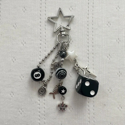 Handmade Rockstar GF Black & White Dice Keychains – Edgy Grunge Y2K Beaded Jewelry, Emo Bag Pendant Accessory